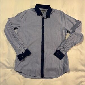 Express Men's Blue and Navy Striped Shirt